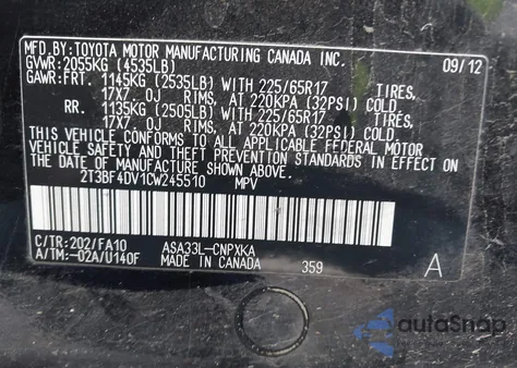 2012 Toyota Rav4 z USA, uszkodzony, nr VIN 2T3BF4DV1CW245510